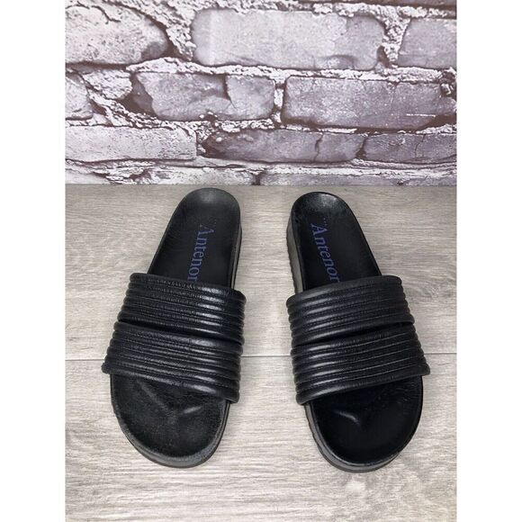 Antenora Black Leather Casual Strap Slides Italy Sandals Women Sz 7M US/38EU - Picture 2 of 16